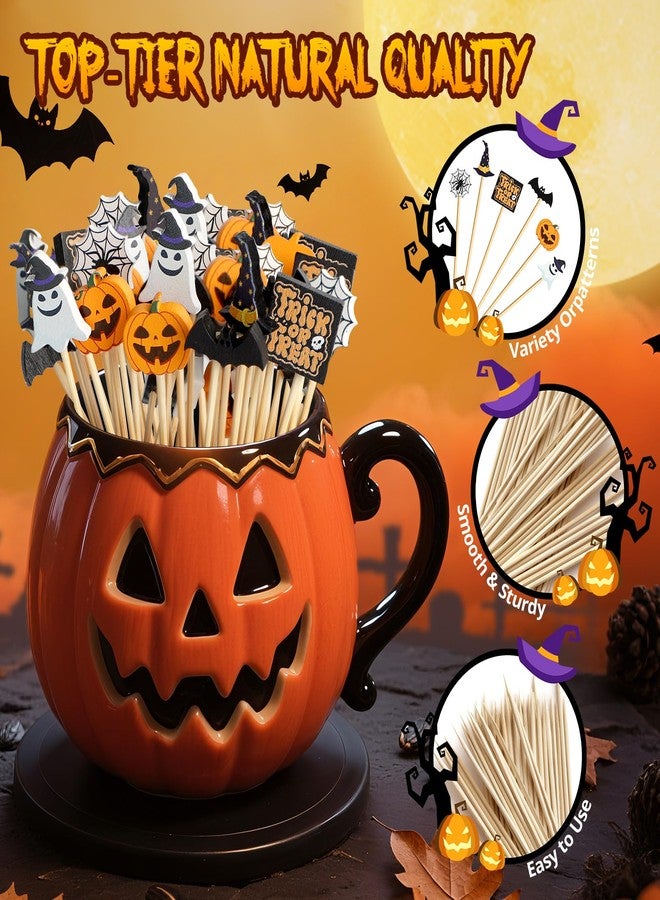 Vicuna R 120 Halloween Cocktail Picks, 8 Kind of Bamboo Pumpkin Ghost Spider Hat Bat eyeball Decorative toothpicks for appetizers, 4.7 IN Food Sticks Charcuterie Skewers for Halloween Themed Party - Image 3